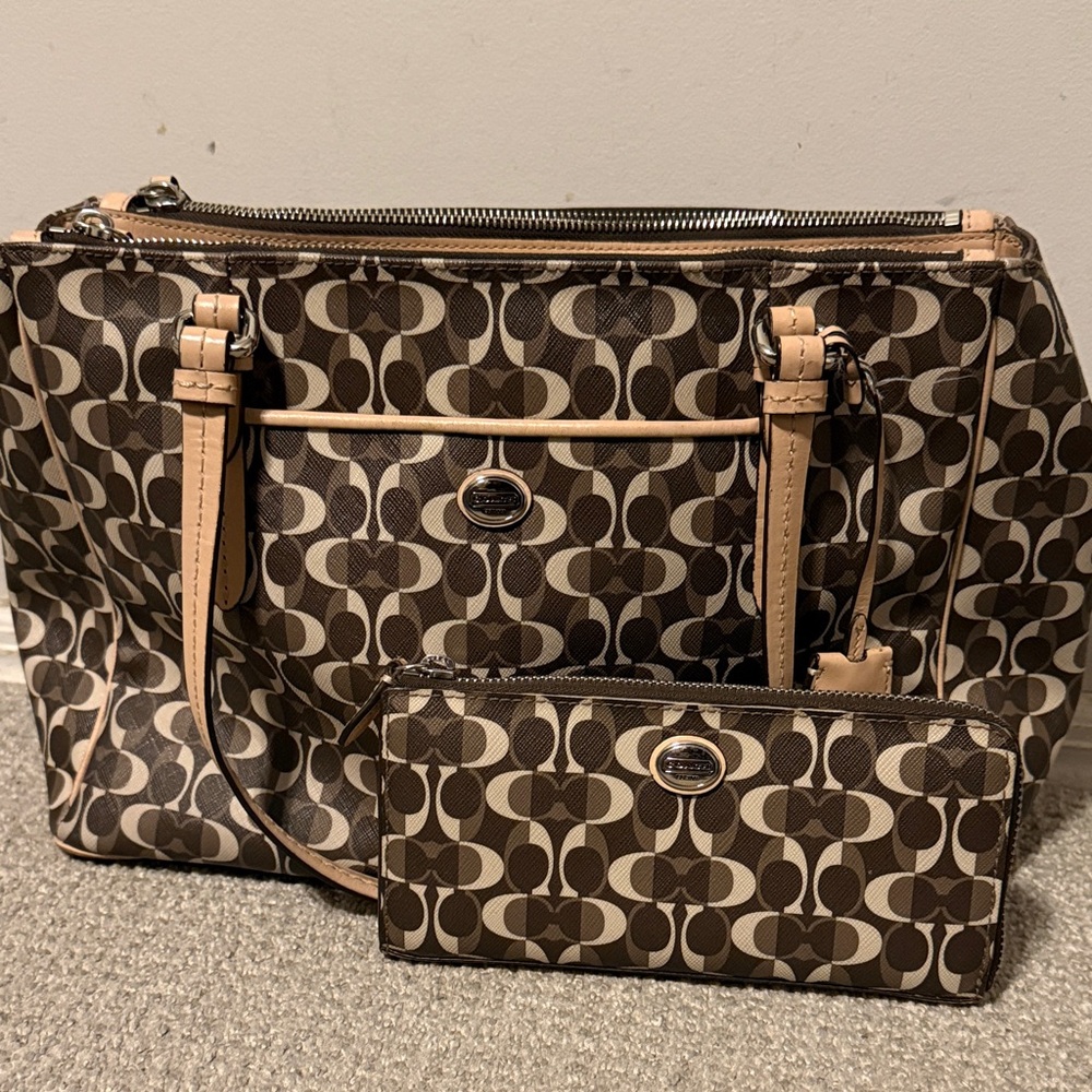 Coach Brown and Tan Signature Tote and Wallet